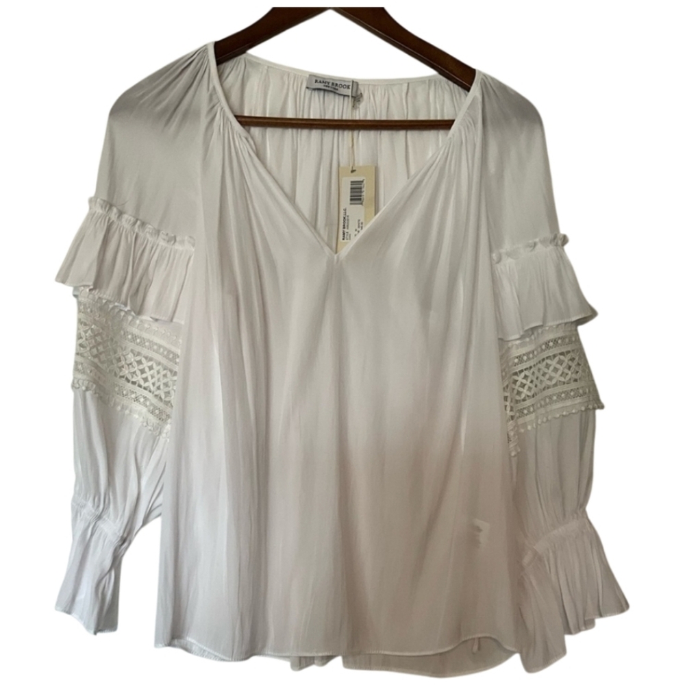 Ramy Brook White long sleeve crocheted Mara Top Sz M New
